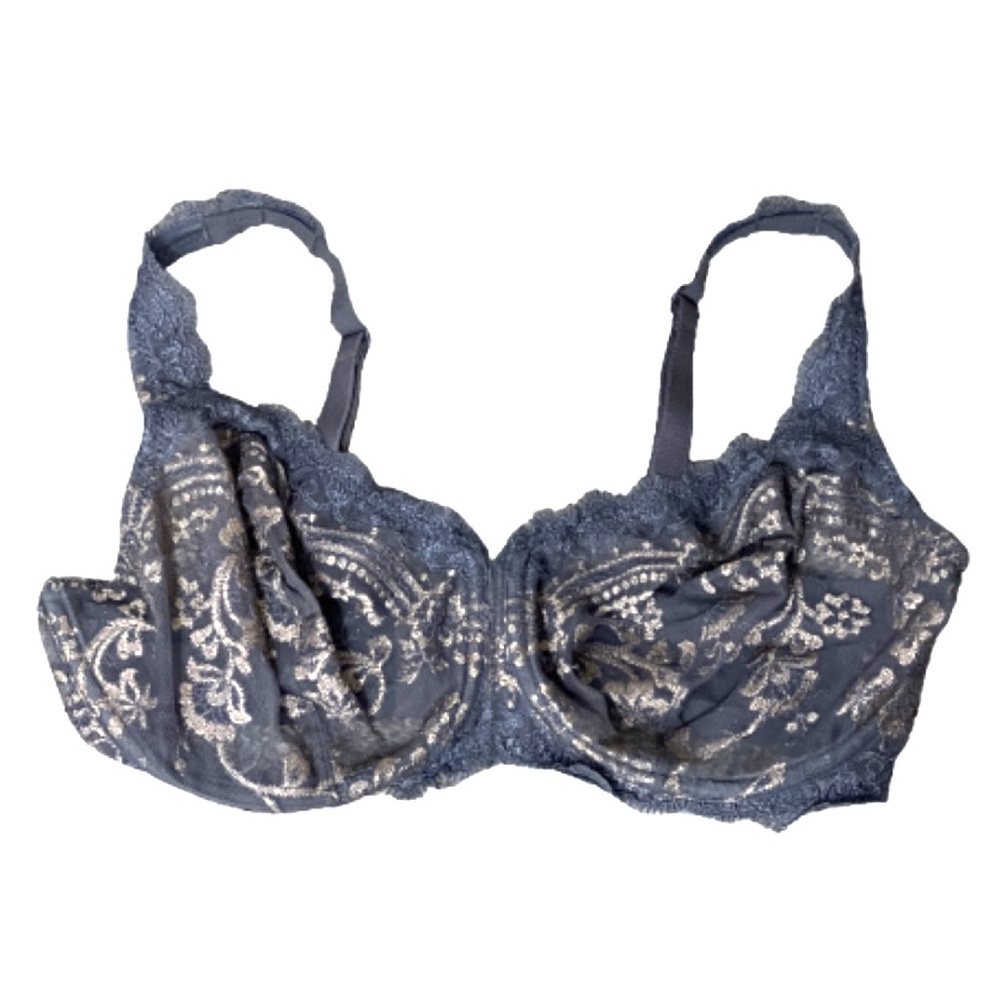 Lunaire Bra 34DDD Lace Underwire and Embroidered - Charcoal Gray and Tan